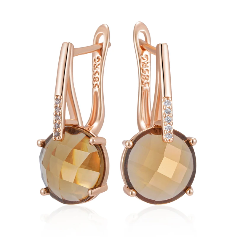 Kinel Fashion Round Light Brown Natural Zircon English Earrings for Women Simple 585 Rose Gold Color High Quality Daily Jewelry