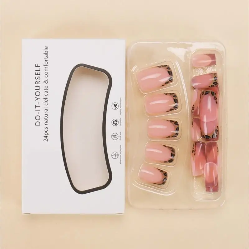 

270A 24 Pcs Leopard Print French Tip Short Square Press On Maniure Art