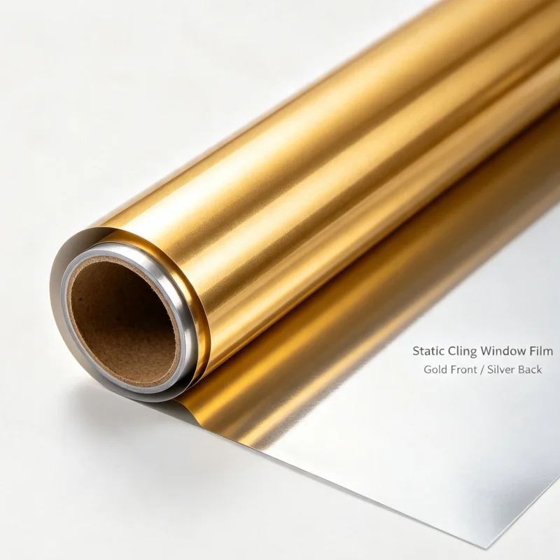 Static Cling One Way Window Film, Gold Front Silver Back No‑Glue Window Tint, Anti‑UV Heat Control Privacy Sun Block Glass Stick