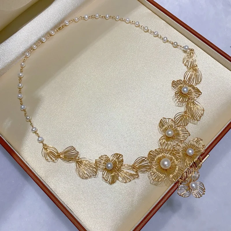 

SGARIT 14K Gold Filled Camellia Chain Women's Natural Freshwater Pearl Collar Collarbone Necklace Long Lasting Color Retention