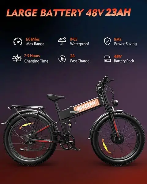 Folding Electric Bike for Adults, 3000W Peak Dual Motor Ebike, 26" Fat Tire E-Bike, 48V Battery, Up to 60 Miles, All-Terr image 5