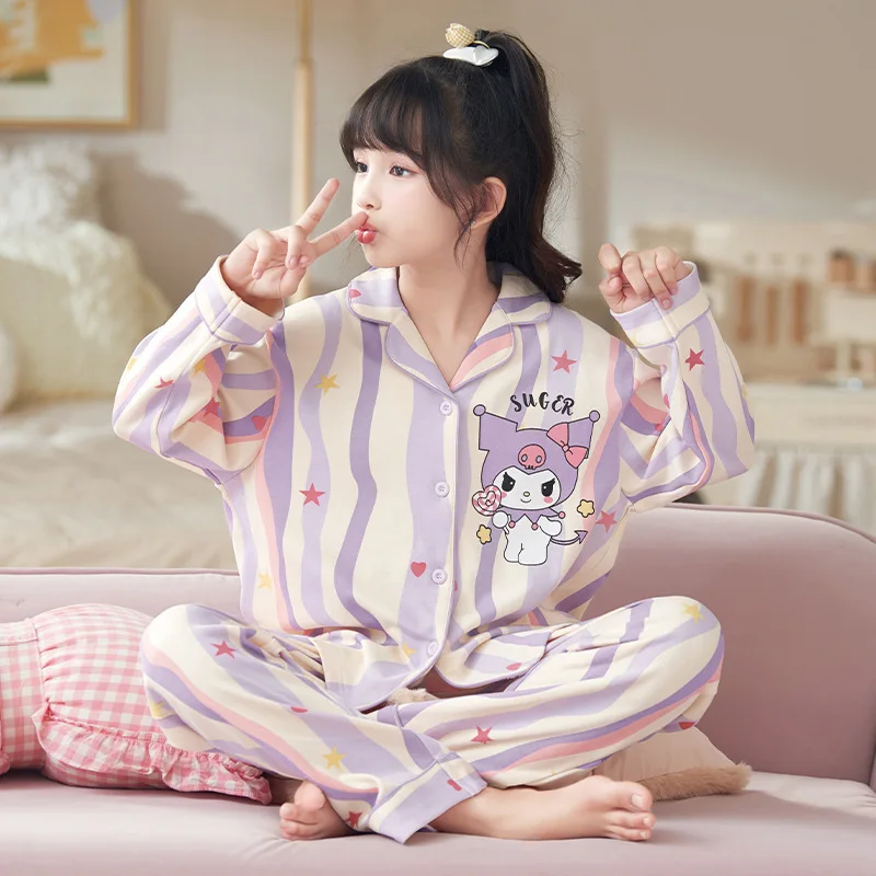 لطيف Kuromi الأطفال القطن الخالص الكرتون منامة بلدي ميلودي الإناث ربيع الخريف طويلة الأكمام السراويل التلبيب صالة الملابس دعوى