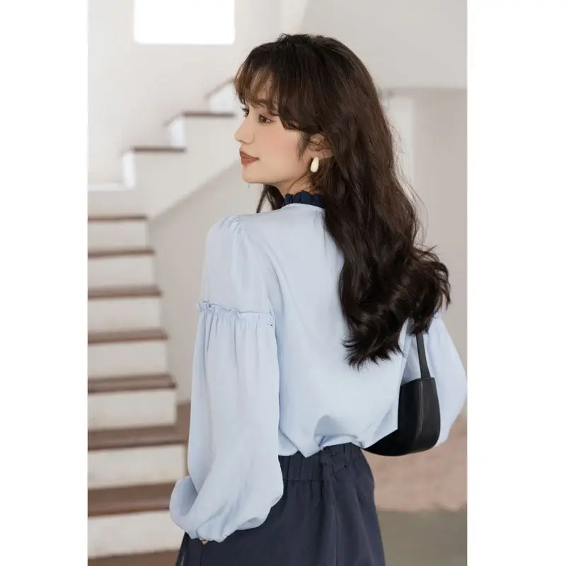 Fashion Vintage Solid Color Butterfly Knot Lacing Single-breasted Blouse Womne New Classic Lantern Sleeve All-match Shirt 2022