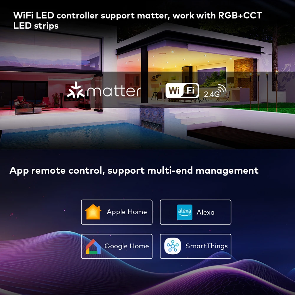 Matter WiFi LED Controller 5CH Smart RGBCCT Dimmer APP Remote Voice Control Dimming Support Apple Homekit Alexa DC 12V 24V