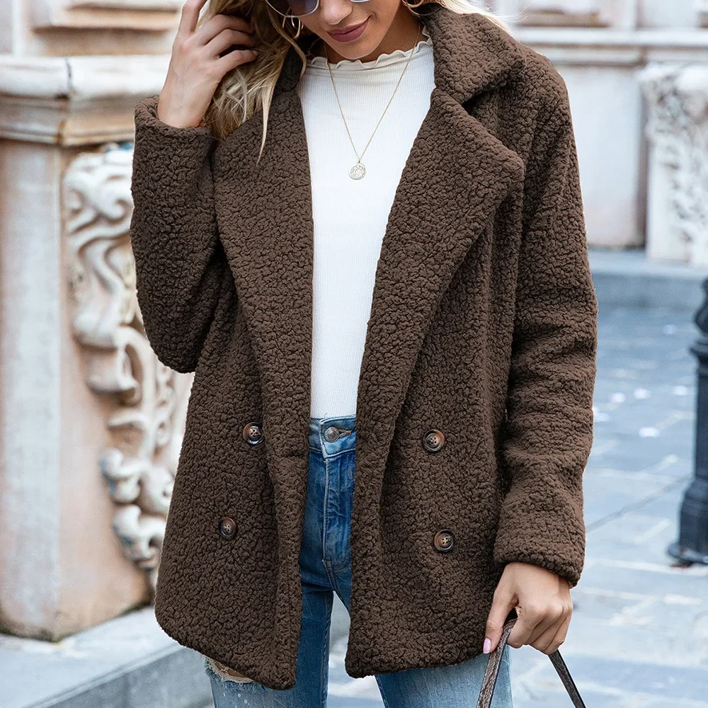 European and American Autumn and Winter Plush Splicing Coat, Solid Color Double Breasted Lapel Long-sleeve Casual Coat Women