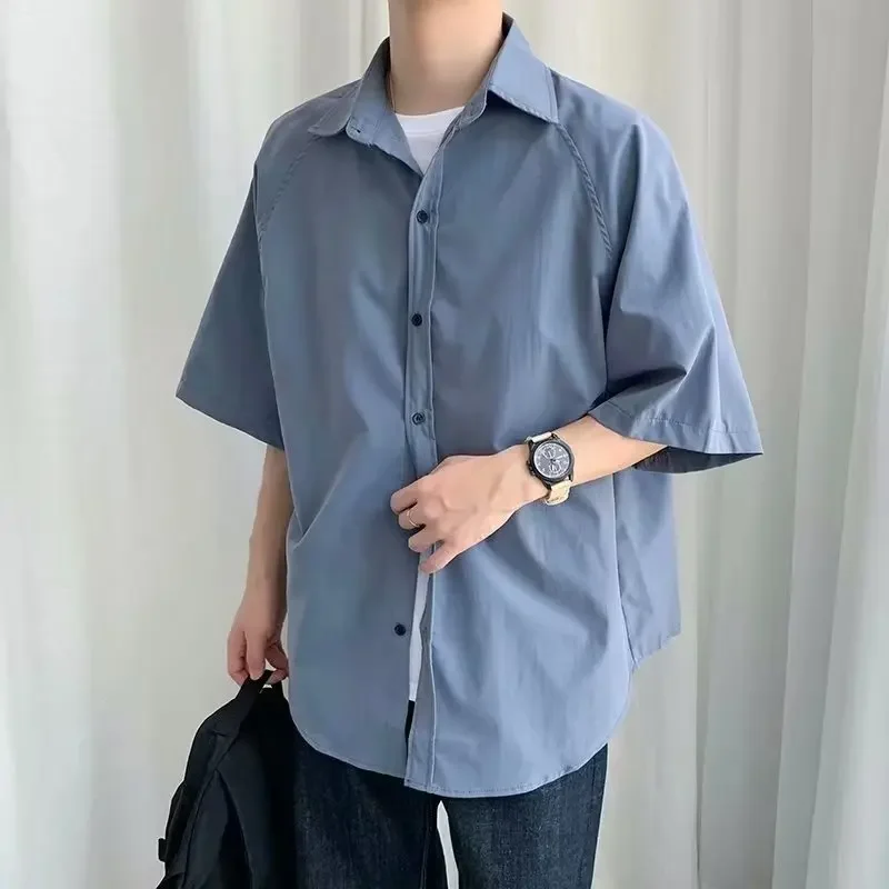 E-BAIHUI Solid Shirt Men Japan Style Casual Short Sleeve Hawaiian Shirt Male Turn-down Collar Basics Loose Men Clothing Coat