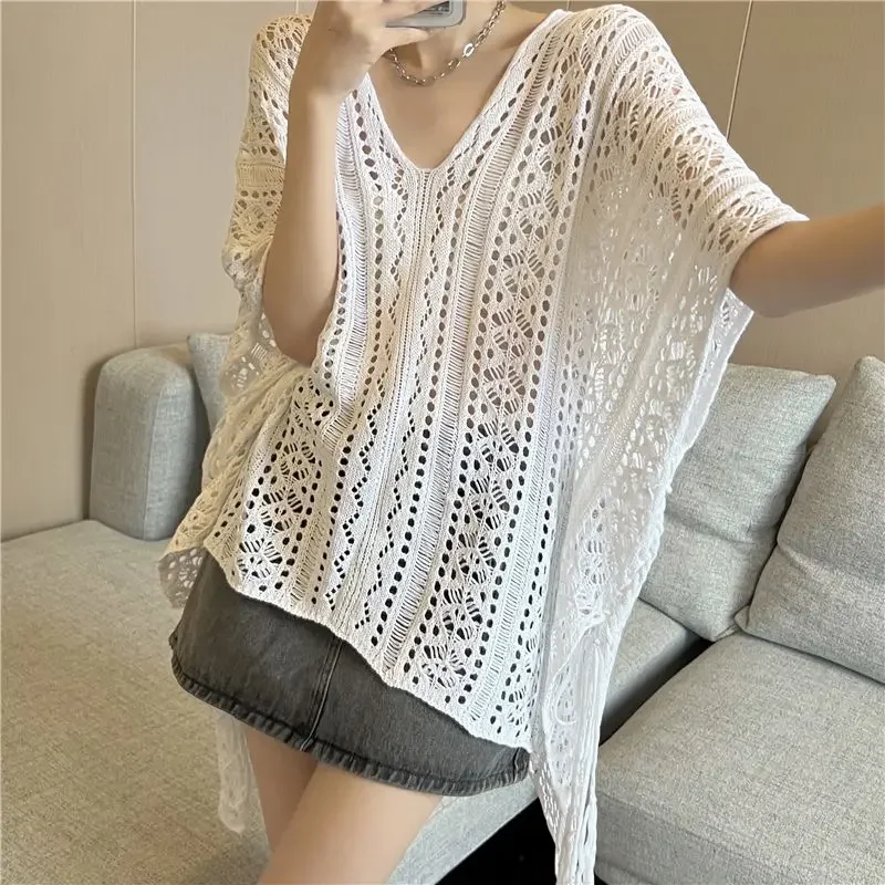 

Women's Hollow-out Knit Sweater, Summer and Spring Fishnet Ice Silk Sun Protection Shirt, Short-sleeved Top
