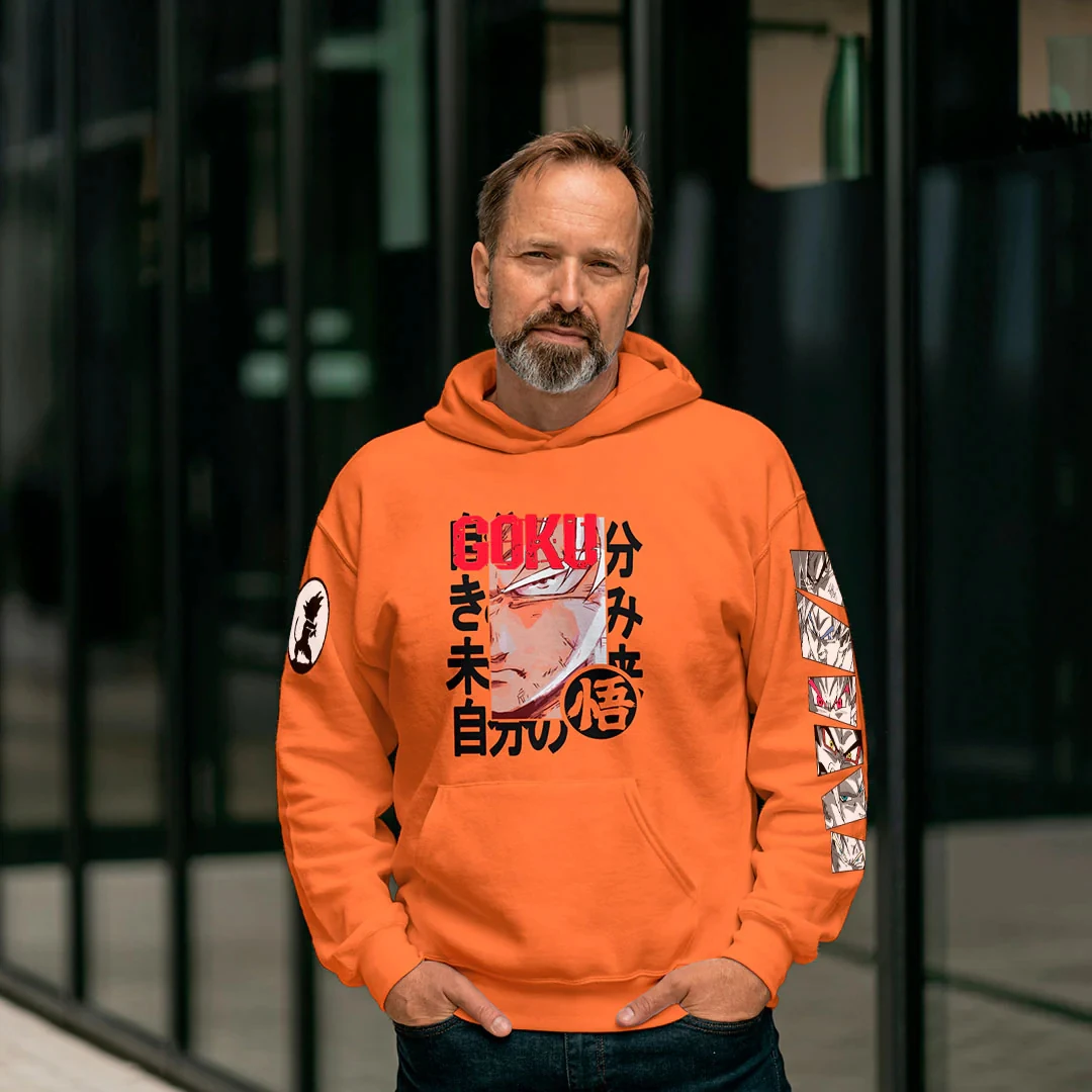 

Dragon Ball Z Orange Hoodie with Goku Face Print Japanese Calligraphy Sleeves Dynamic Battle Poses Loose Fit Casual Wear