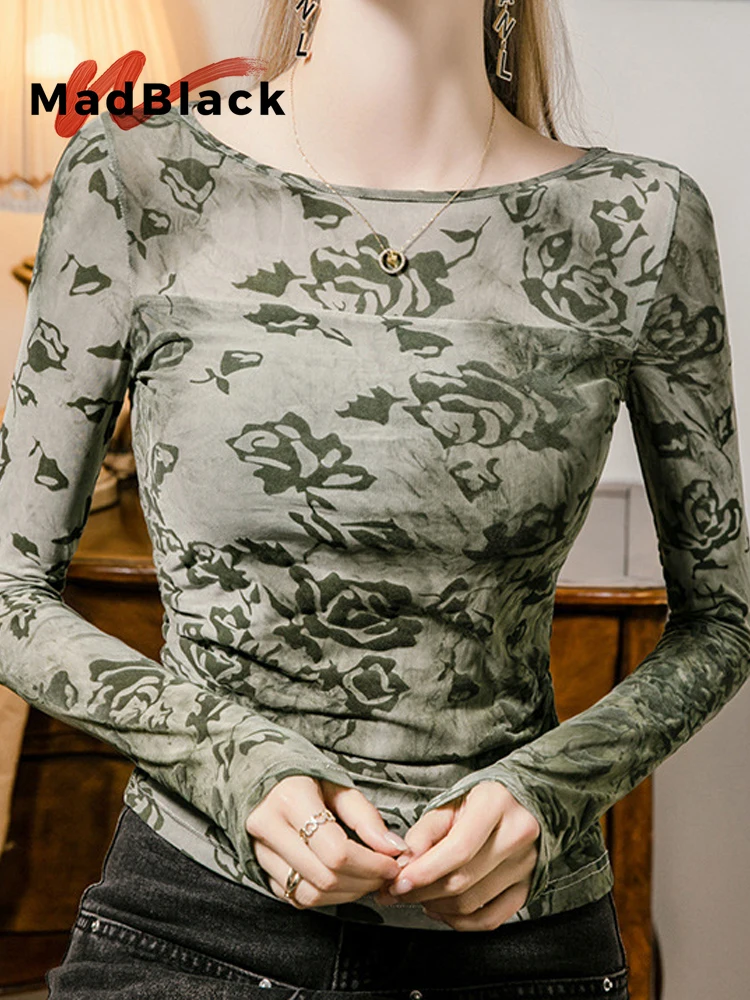 

MadBlack-Women European Flocking T-Shirt, Sexy Slash Neck Print, Streetwear Long Sleeve Slim S-3XL Tee, 2025 Winter New T5D244CC