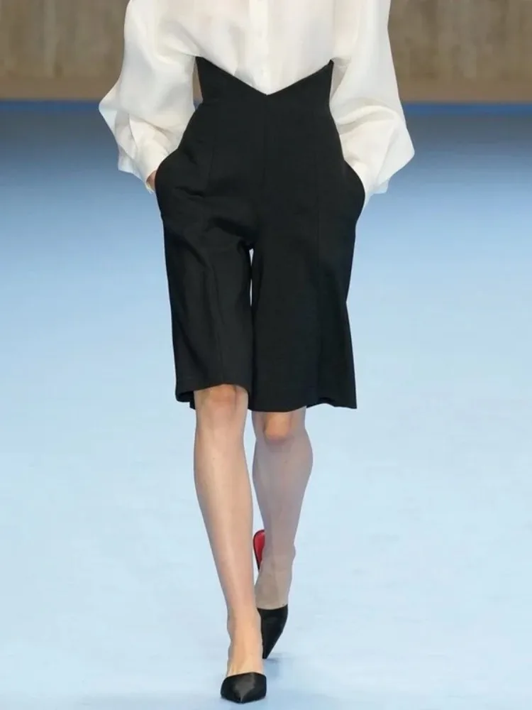 Beautyblue Suit Five-point Pants Women's Shorts Loose Casual Black V-shaped High Waist Luxury Bottoms Ladies Office Clothes 2025