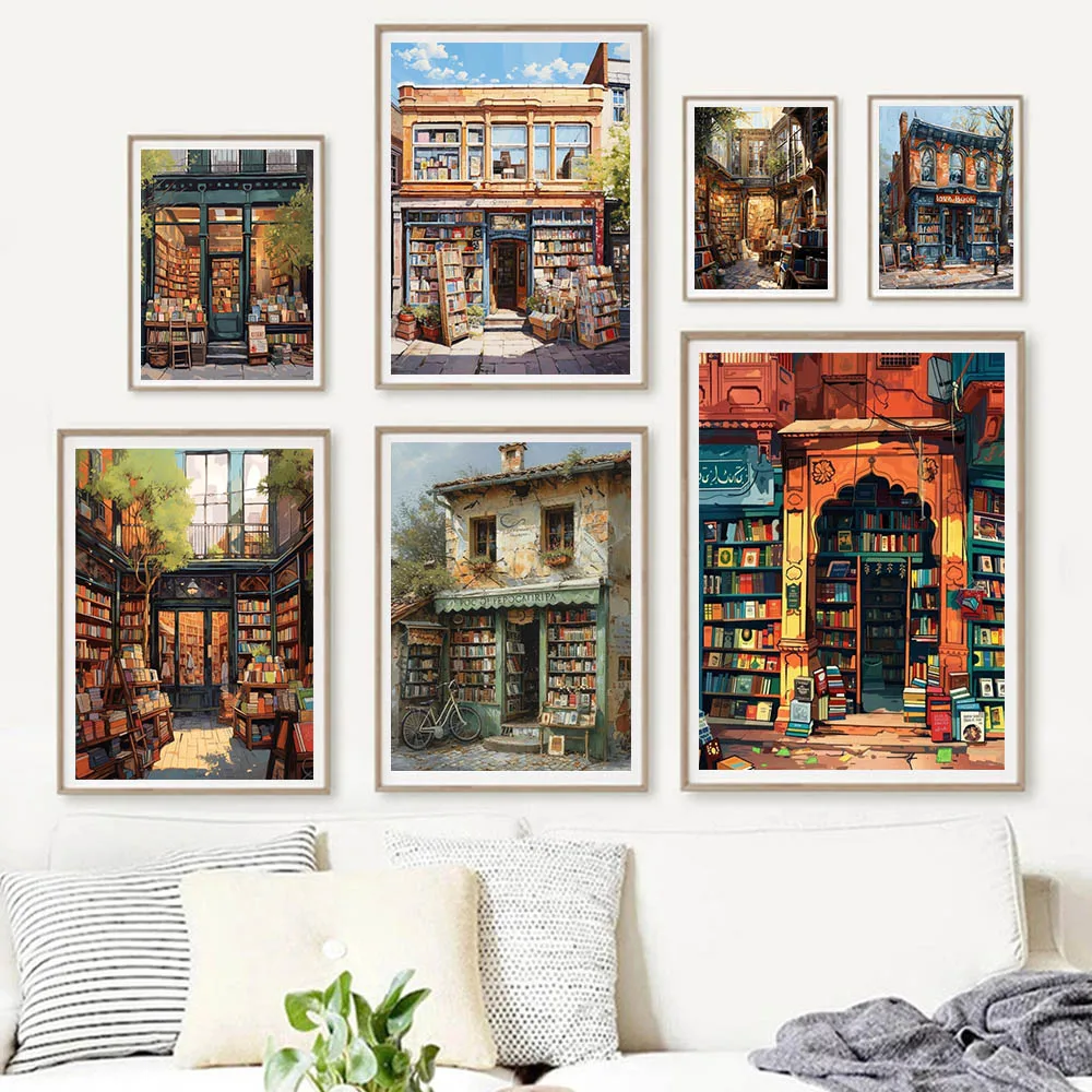 Retro City Bookstore Posters Print Travel City Bookstore Canvas Painting Bookstore Wall Art Library Home Decor Book Lovers Gifts