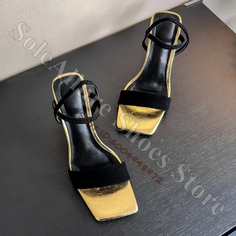 Modern Unique L Block Heel Sandals Women Black Single Strap Square Toe Slip On Open Toe Trendy Avant Garde Footwear