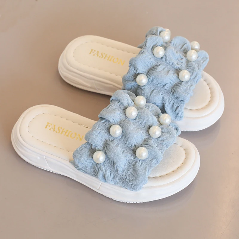 

Girls Sandals New pearl Flats Open Toe Slide Non-slip Children Home Slippers Kids Girls Summer Cute Beach Slippers Shoe