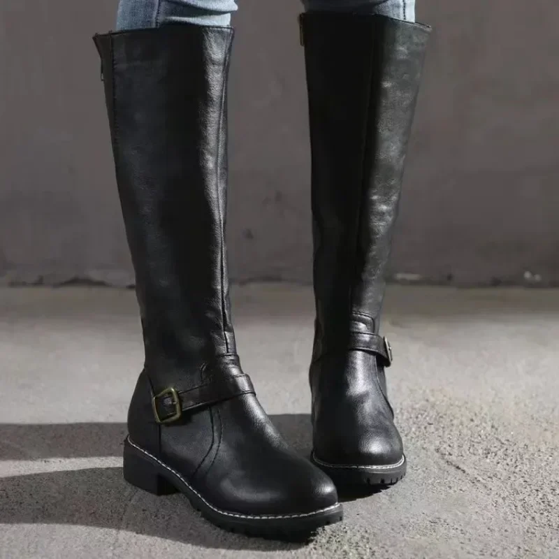 New Winter Women's Riding Boots 2025 Round Toe Chunky Heel Over-the-Knee High Boots Women's Buckle Platform Shoes Botas Mujer