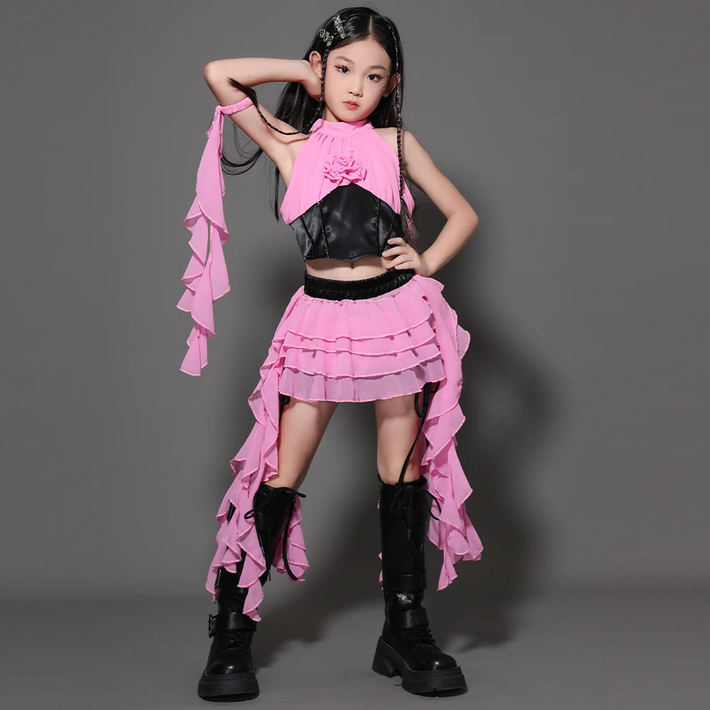 Kinderen Stage Catwalk Outfit Roze Verstoorde Jazzdans Kostuum Meisjes Ballroom Dansvoorstelling Kleding Street Wear XS10495