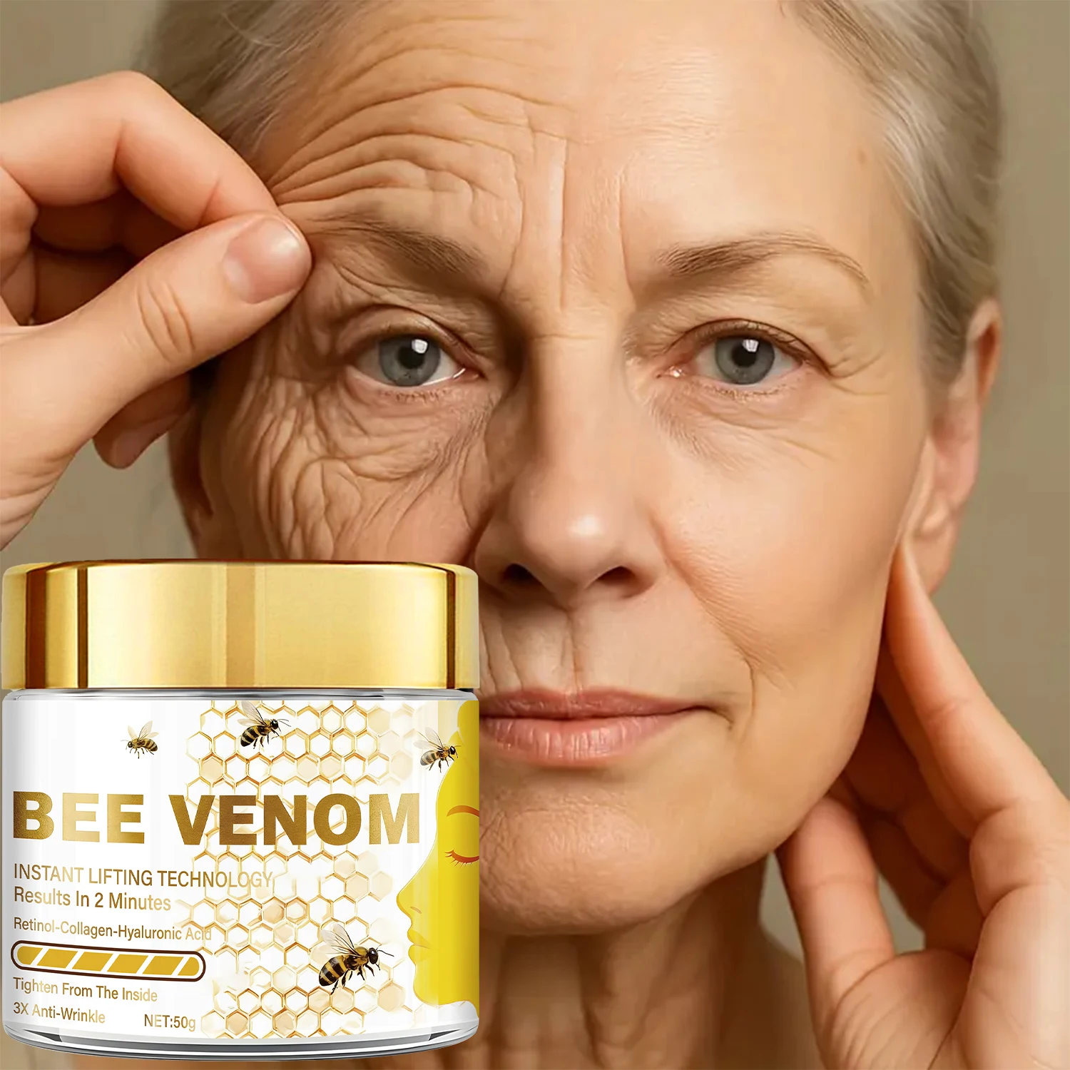 Bee Venom Instant Lifting Face Cream, Containing Retinol and Collagen, Deeply Penetrates, Tightens and Moisturizes