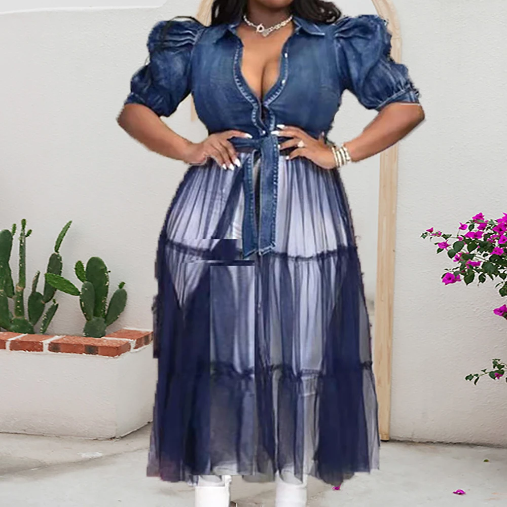 Women Denim Casual Shirt Dress Cardigan Lace-up  Mesh See-through High Waist Maxi Dress For Female High Street Vacation Dresses