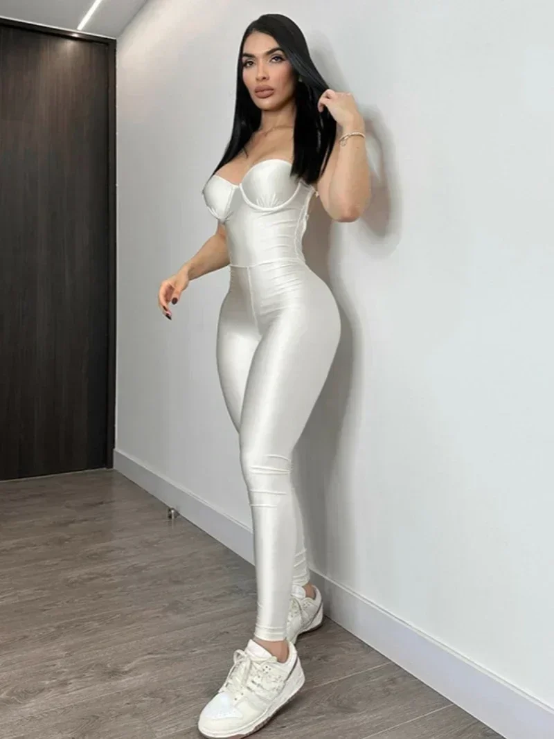 Women Sexy Strapless Bodysuit Sleeveless High Waist White Jumpsuit Lady Backless Tunics One Piece Overalls Night Club Streetwear