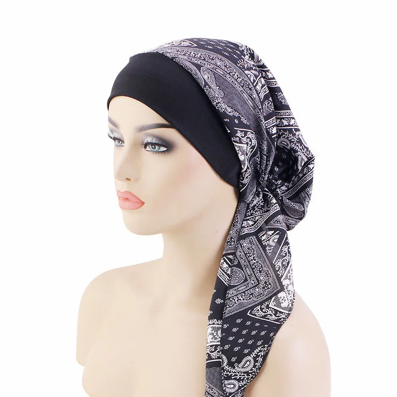 Pre-Tied Muslim Women Print Cancer Hijab Chemo Cap Turban Bonnet Hair Loss Hat Sleep Night Islamic Arab Stretch Head Wrap Covers