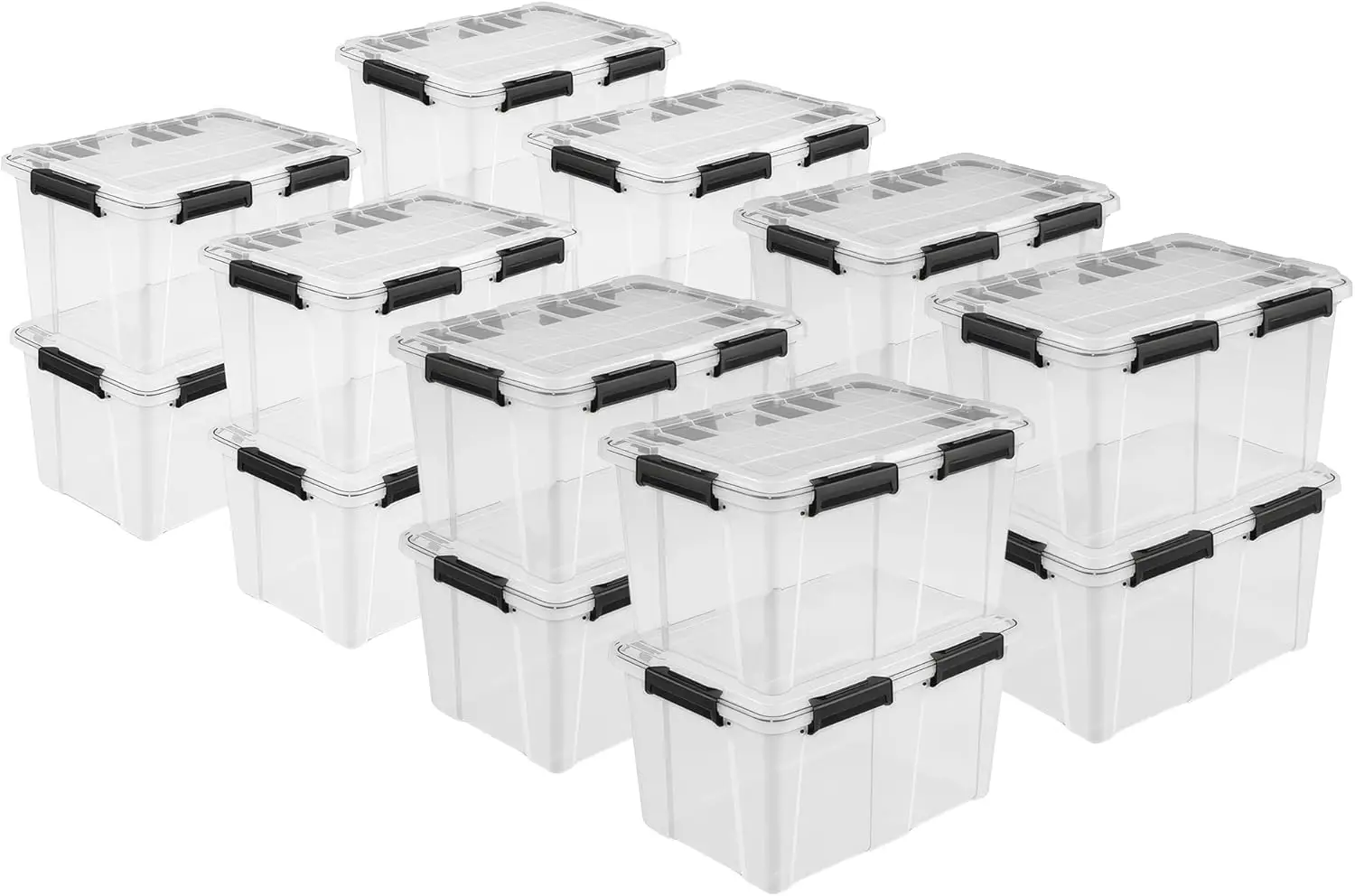 

16 Pack 54 Qt Gasket Box, Clear Stackable Plastic Storage Container with Lids, Black - Waterproof and Dustproof Tote for Home O