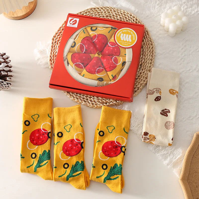 4 Pairs Funny Pizza Socks Box Christmas Socks for Women Men Couples Soft Cotton Winter Warm Socks Christmas Gifts New Year 2024