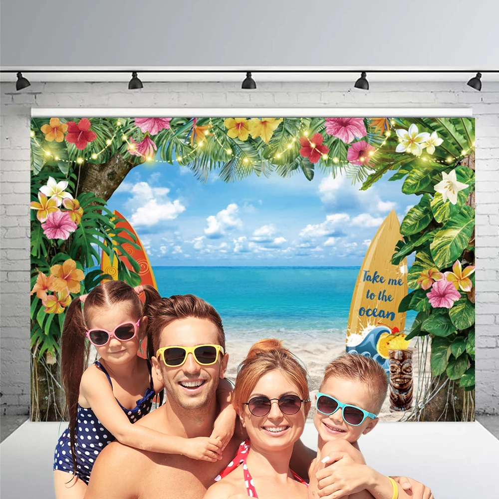 Tropical Summer Seaside Backdrop Hawaii Palm Tree Blue Sky Sea Ocean Beach Party Photo Wedding Baby Birthday Background Banner