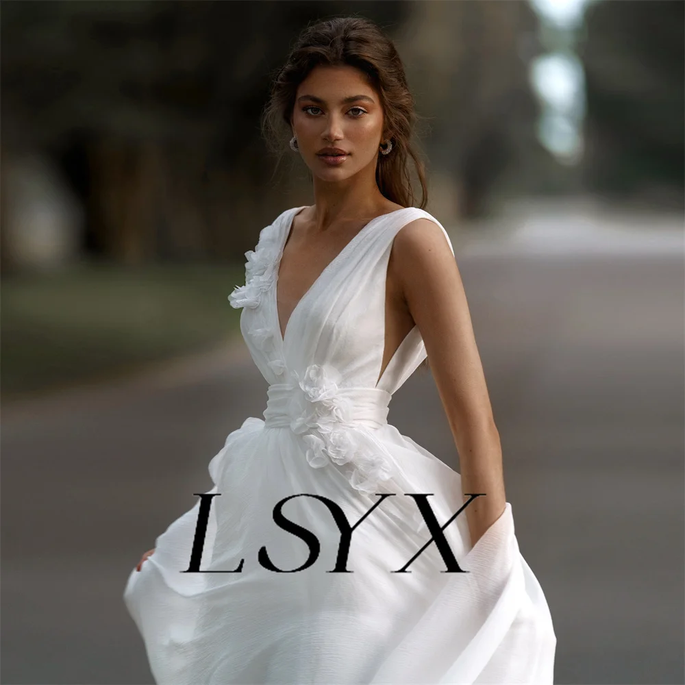 LSYX Boho Sleeveless 3D Flower Pleats Fairy Chiffon Wedding Dress Open Back V-Neck  A-Line Court Train Bridal Gown Custom Made