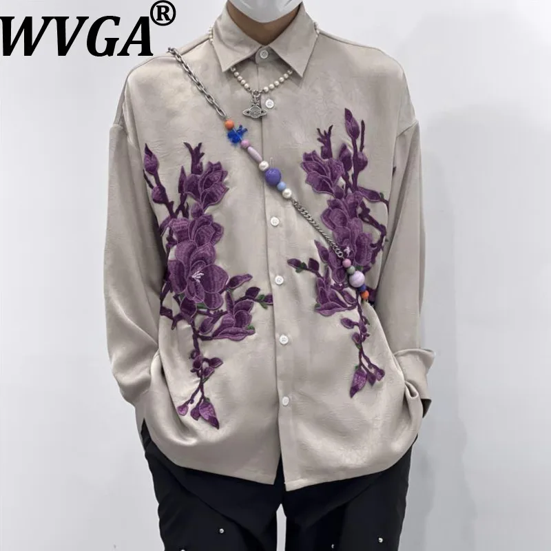 

WVGA Spring Autumn New Man High Street Floral Printed Trendy Long Sleeve Shirt Niche Chic Casual Turn-Down Collar Top Ins W12716