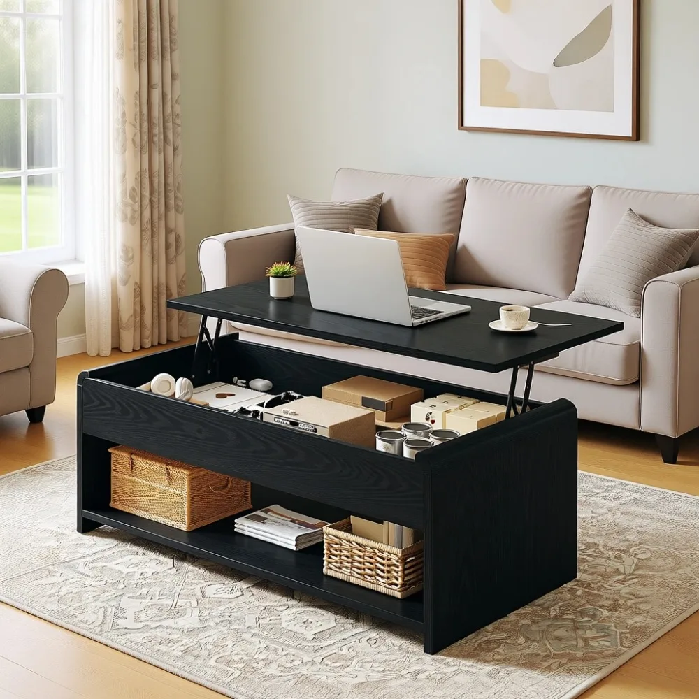 

Lift Top Multi Function Hidden Compartment Open Shelf Curved Design Converts Home Office Dining Living Room Black