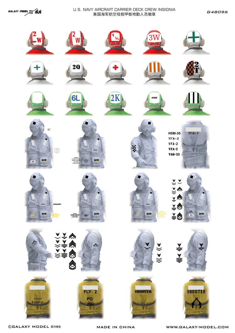Galaxy G48096 1/48 U.S. Navy Aircraft Deck Crew Insignia Water Decals for Model Figures Making Hobby DIY Dress Up