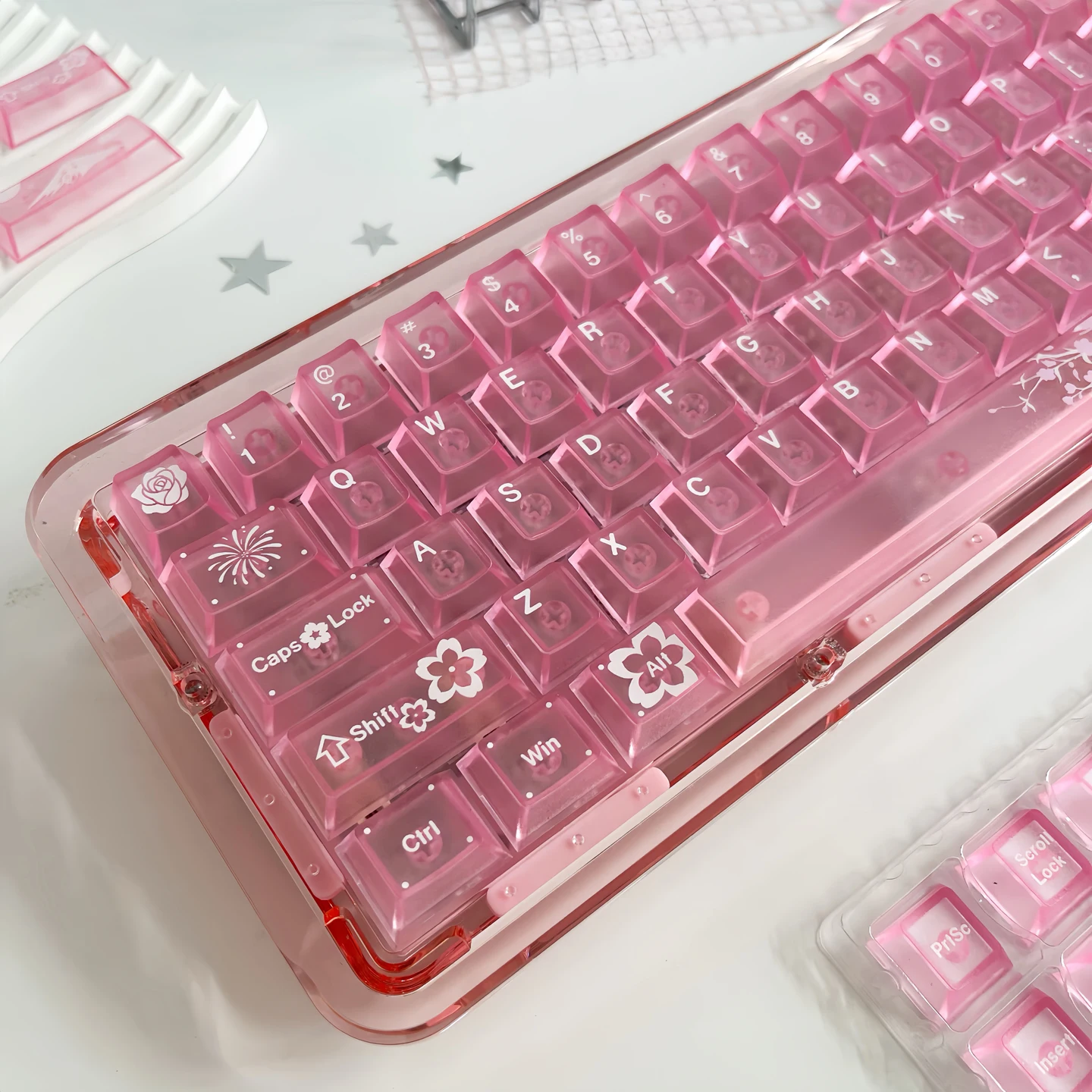 135 Keys Sakura Pink UV Printed Clear PC Keycap Transparent Keycaps Cherry Profile for Cherry MX Switches Mechanical Keyboard