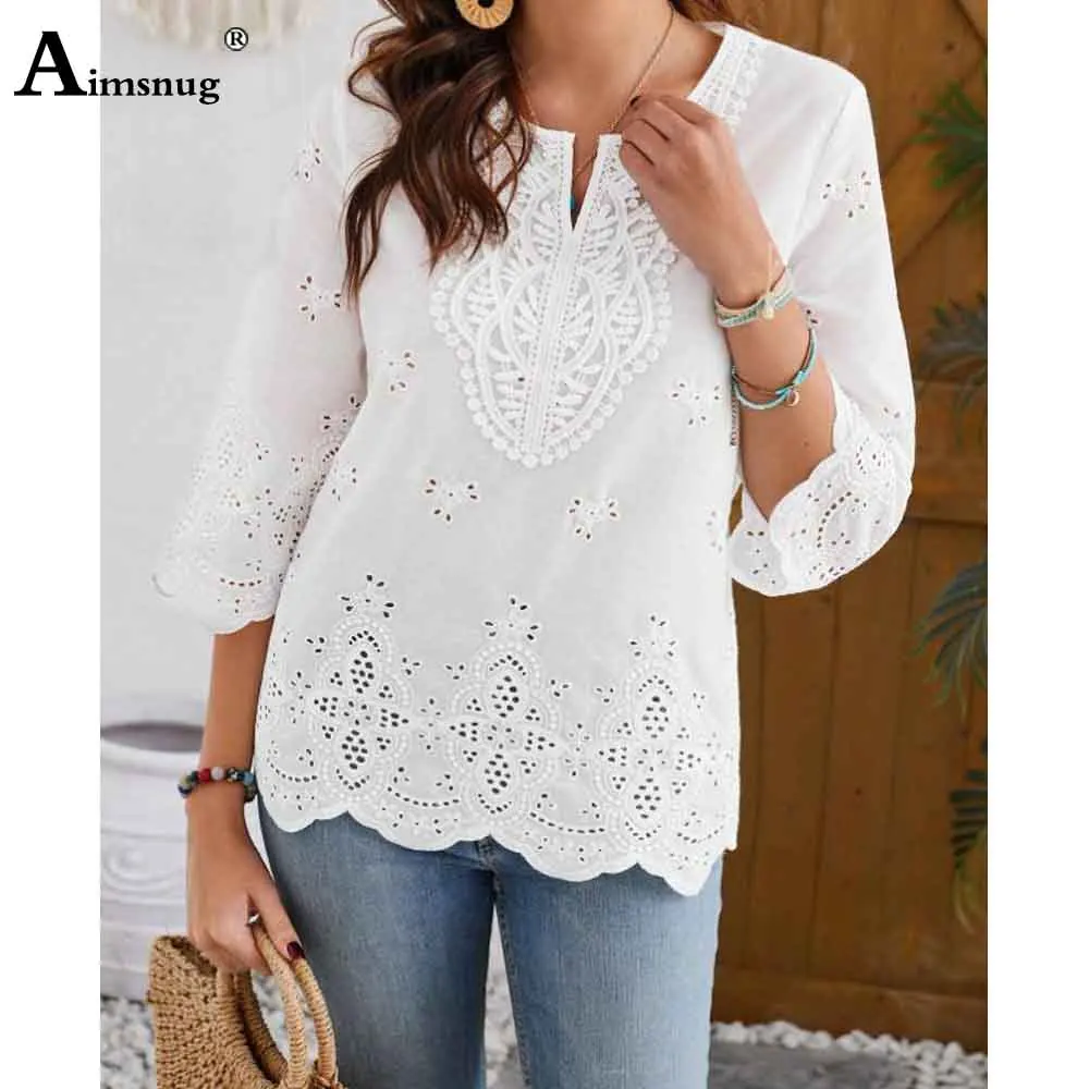 European Style 2025 Women Lace embroidery Basic Shirts New Casual Beach Tops Blouse Ladies Bohemian Flower shirt blusas femmes