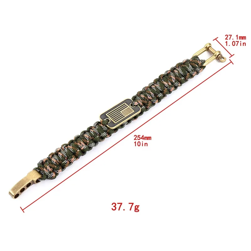 7-Core Adjustable Pracord Survival Bracelet with Bronze American Flag Hop Hiking Camping Outdoor Travel Gift for US Veterans