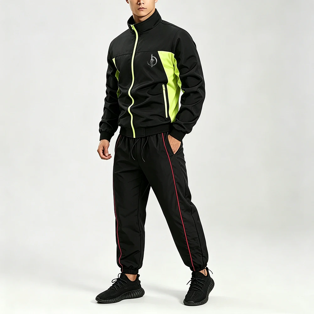 

Men 2 Piece Contrast Color Tracksuit Zip Up Jacket Circle Dagger Print & Drawstring Black Red Line Pants Casual Sportswear Set