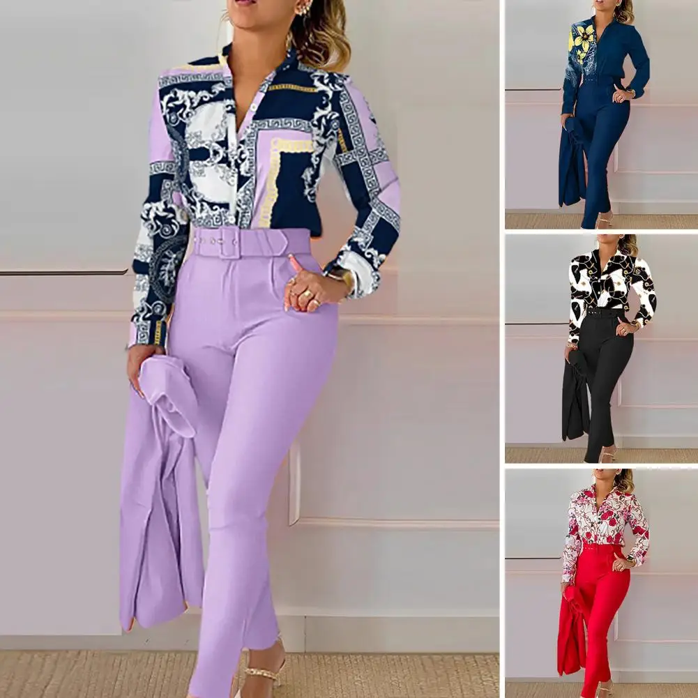 

Lady Shirt Set Women Pants Suit Stylish 2-piece Shirt Pants Suit with Stand Collar Cardigan High Waist Pockets Slim for Women