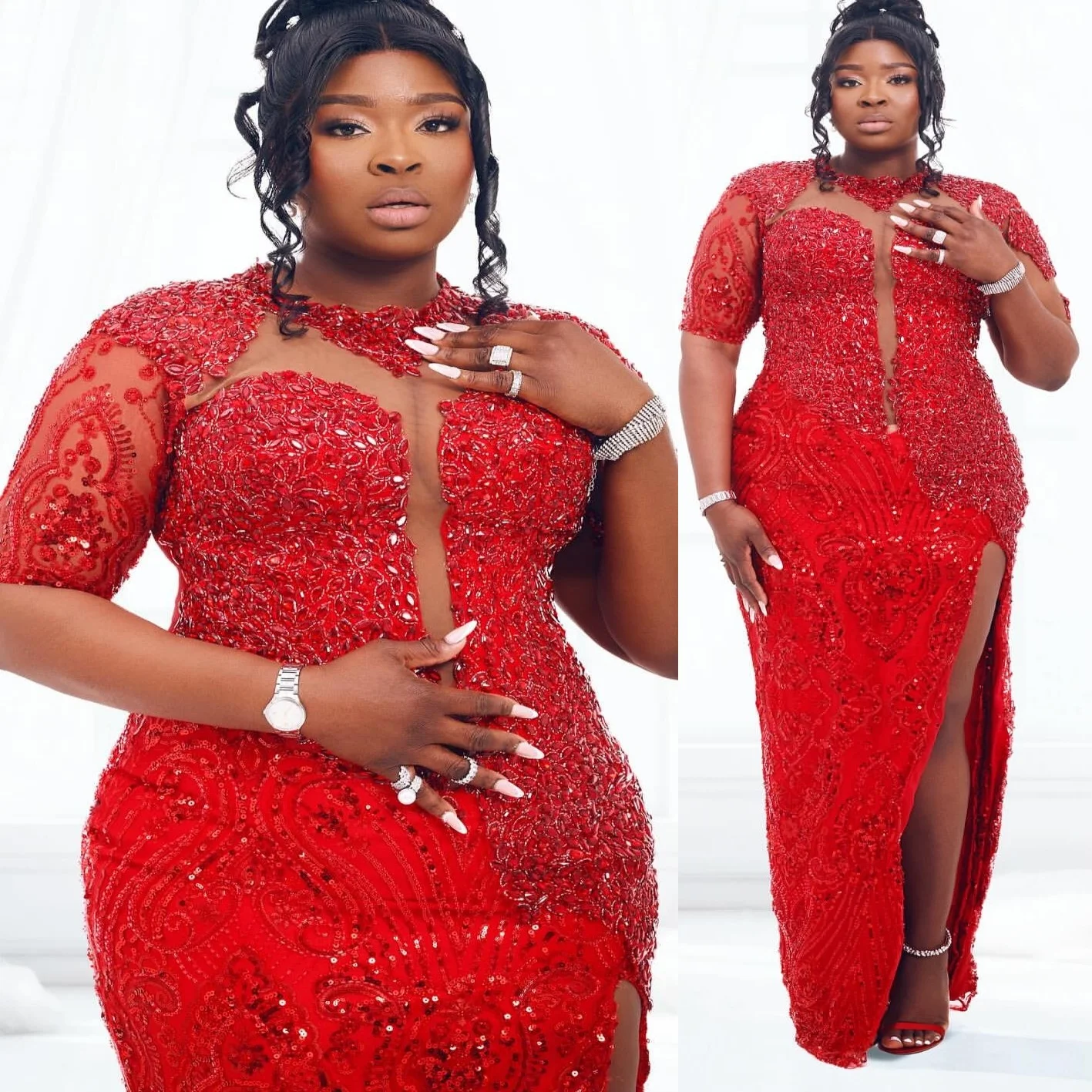 

Sheath Red 2026 Prom Dresses Beaded Crystals High Split Sequined Evening Formal Party Birthday Gowns Dresses ZJ2644