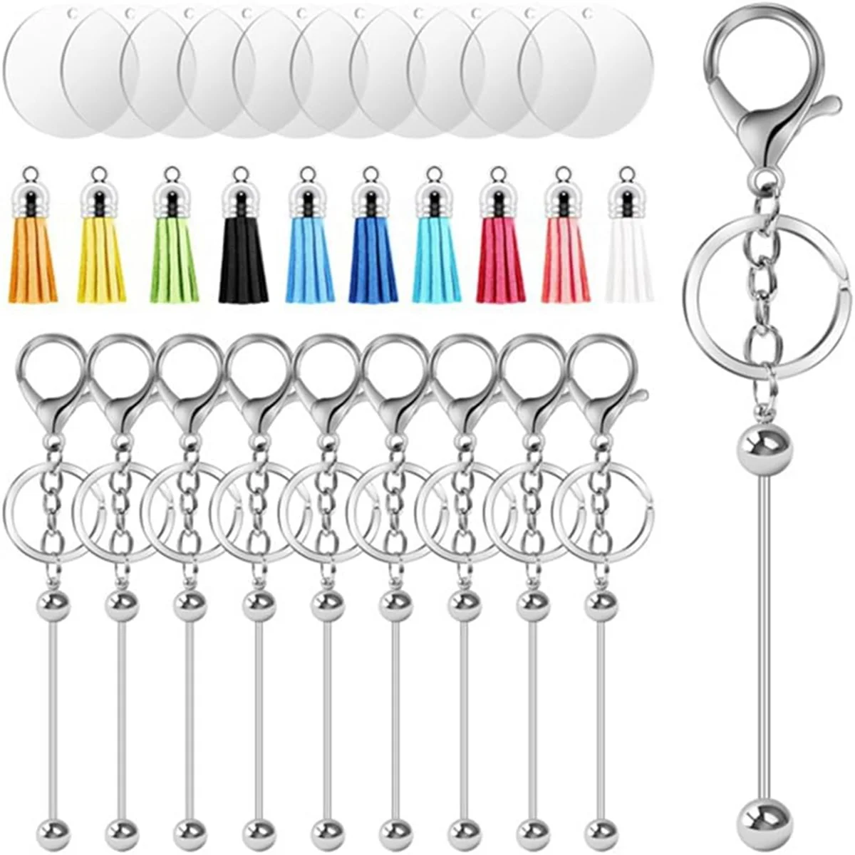 A75K Keychain Making Kit - DIY Keyrings,10 Beadable Keychain Rods, 10 Tassels,10 Acrylic Blanks,Charm Keyring Making Kit