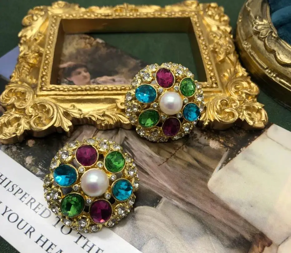 Retro palace stud earrings versatile  earrings inlaid colored diamonds faceted gemstones pearl earrings