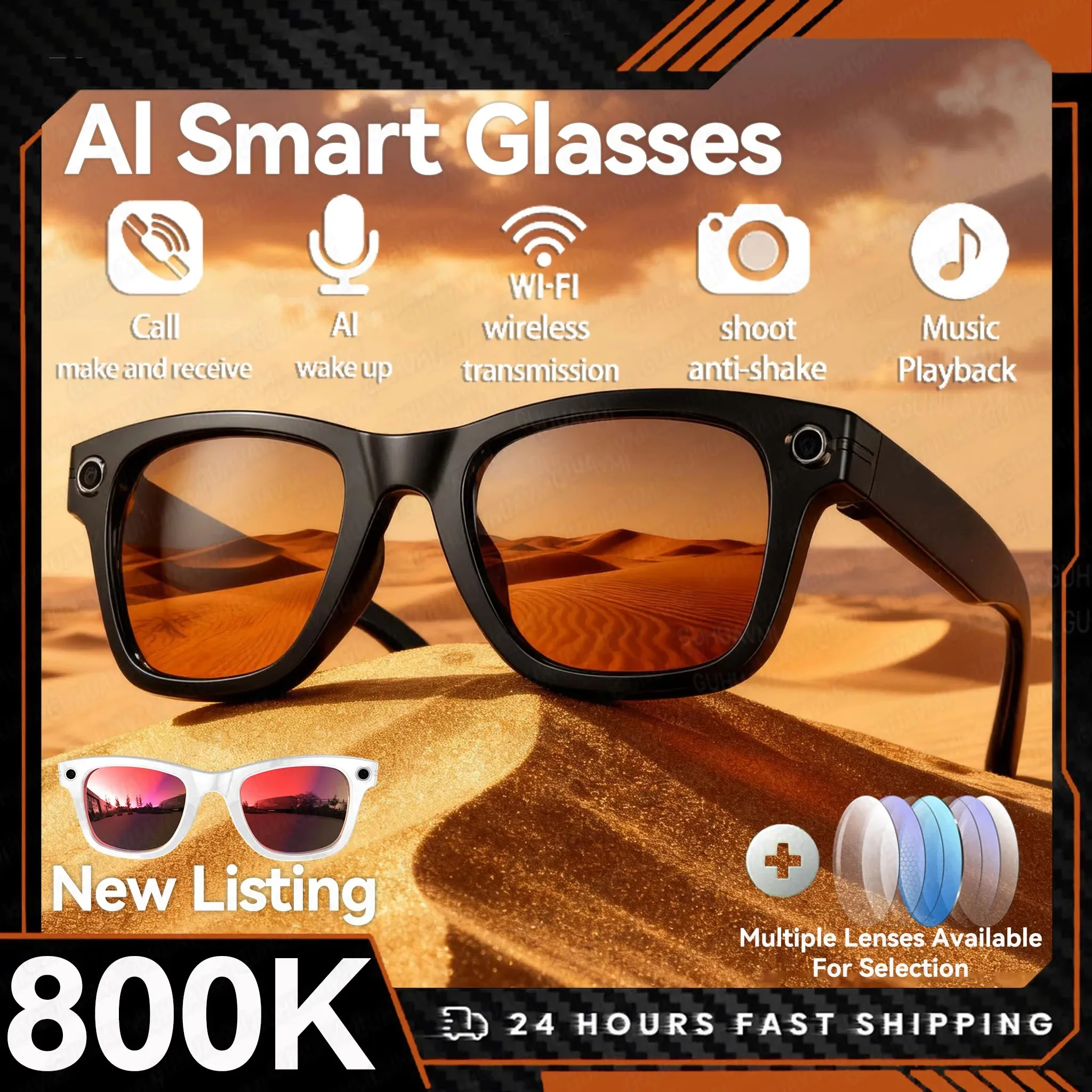 

Умные очки 2026 с Bluetooth-камерой, записью видео, распознаванием фото ИИ, переводом на 100+ языков, воспроизведением музыки, для мужчин и женщин