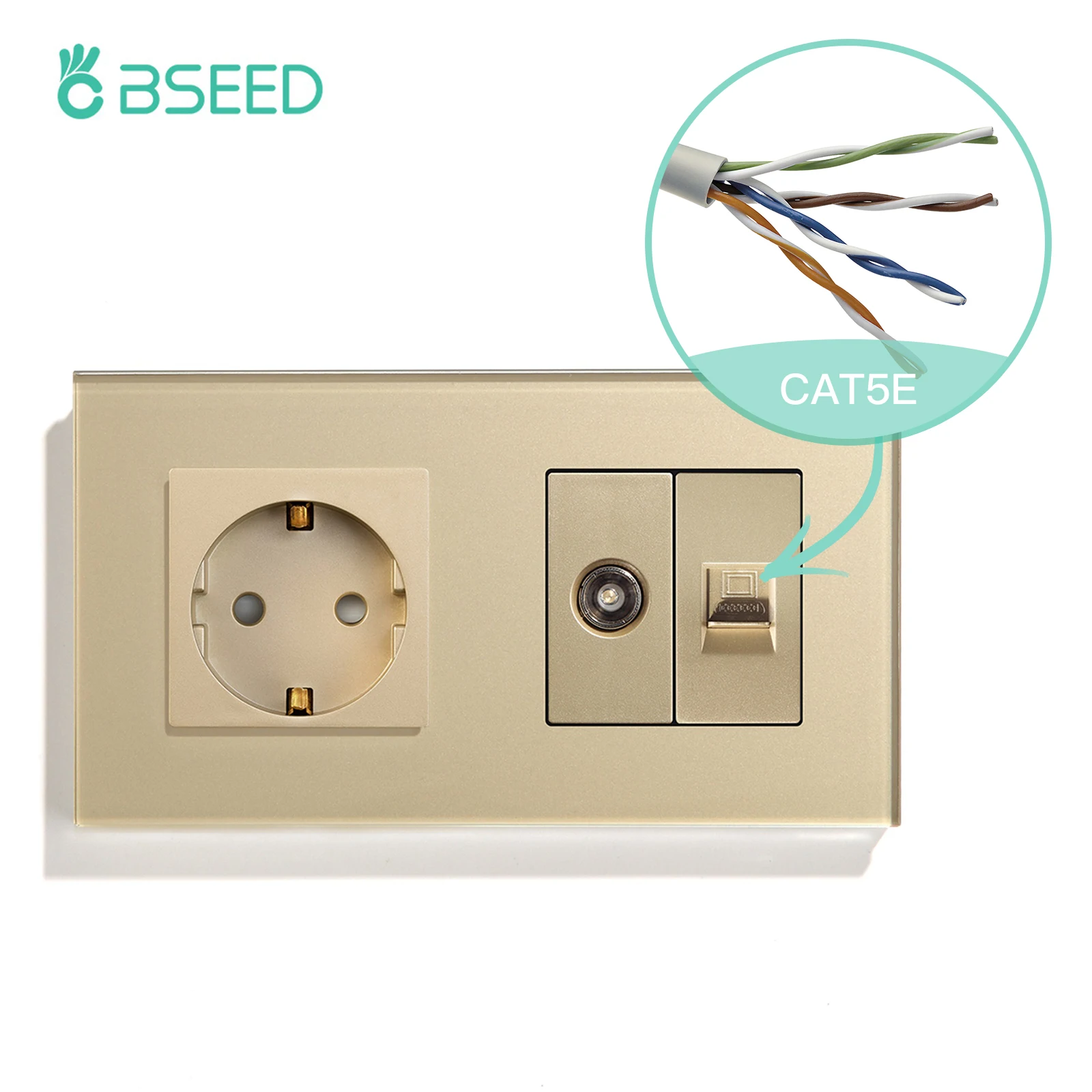 BSEED TV CAT5 mit EU-Buchse, doppelte Wandsteckdosen, TV-Internet, RJ45, PC-Anschlüsse, Typ-C-USB-Steckdosen, Glasrahmen