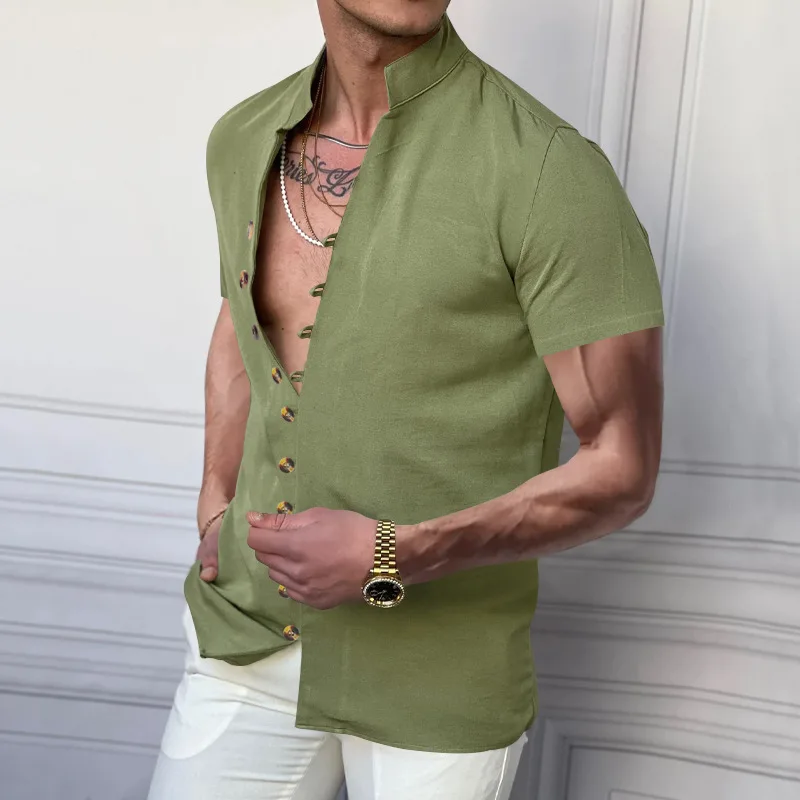 

2025 Summer Men's Retro Hemp Button Up Stand up Collar Short Sleeve Shirt