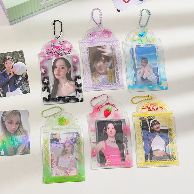 Sweet Cute Photocard Holder Glitter Transparent Idol Photo Card Sleeves Thin Portable Fashion ID Bus Cards Cover Keychain