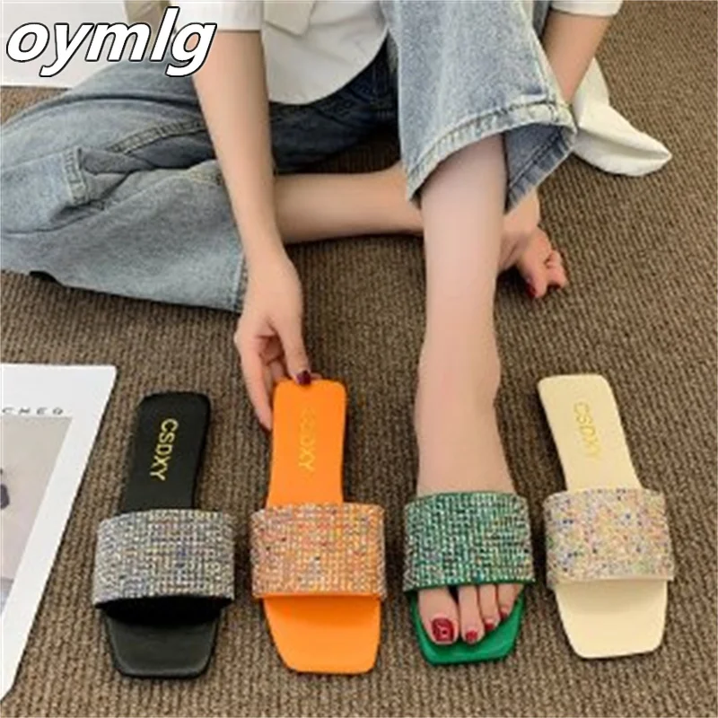 Flat bottom flip flops 2022 summer new square head rhinestone slippers women's plus size foreign trade women's shoes wholesale