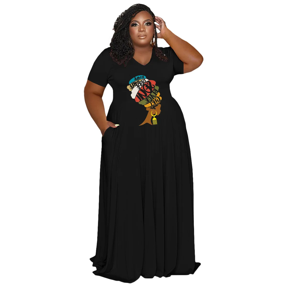 

Summer African Dresses for Women African Women Short Sleeve V-neck Printing Polyester Plus Size Long Dress African Clothes