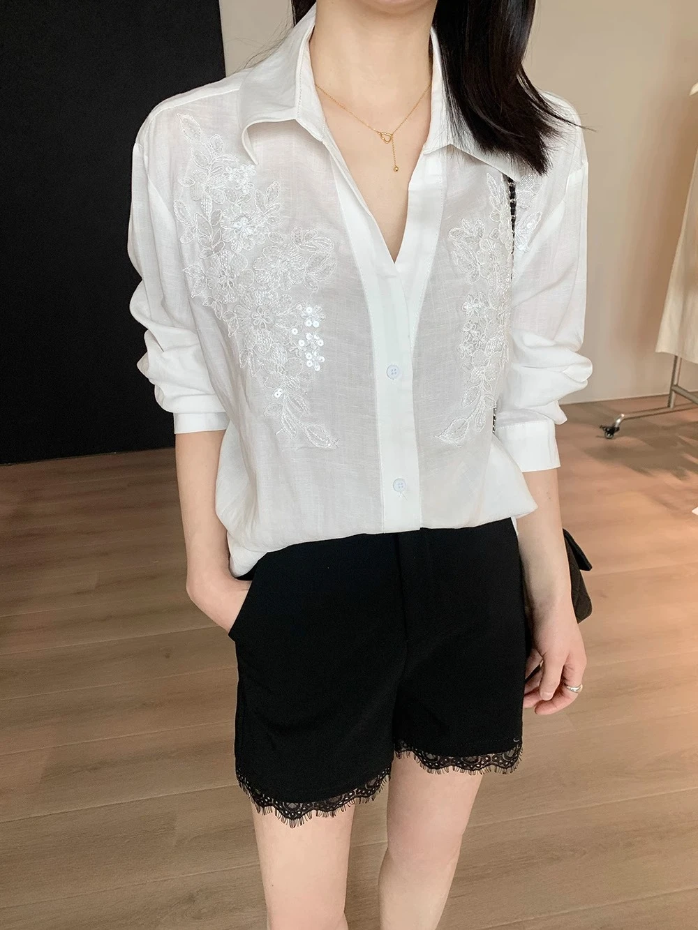 SALIENCY Beaded Sequined White Linen Blouses Shirts Women's 2025 Spring Summer Trend Long Sleeve Loose Casual Top Blusas
