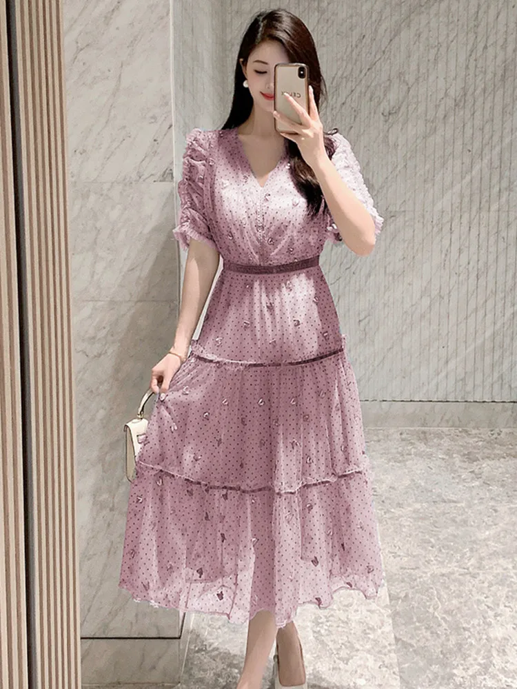 New Fashion Dot Flocking Mesh Fluffy Birthday Party Dress Women Double V-neck Butterfly Embroidery Summer Dress 2024