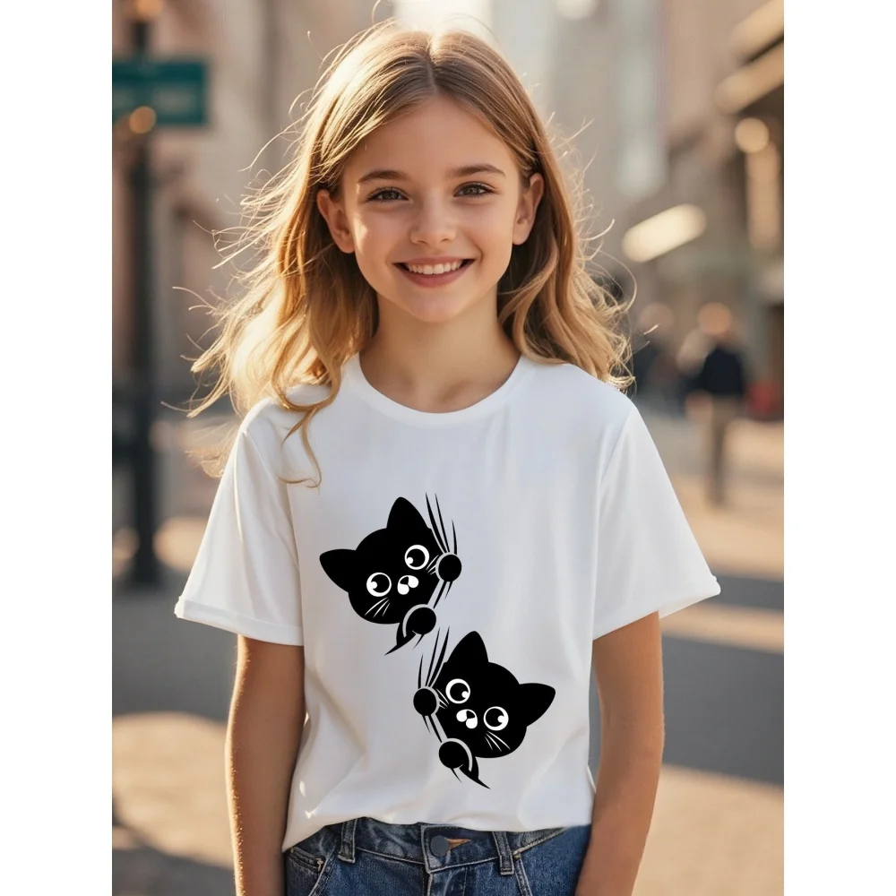 Kinderkleidung Mädchen 3D Graffiti Schwarze Katze Kurzarm Sommer Top Niedlich Lässig O-Ausschnitt Mehrfarbig Spritzer Kinderkleidung Mädchen – Detail 7