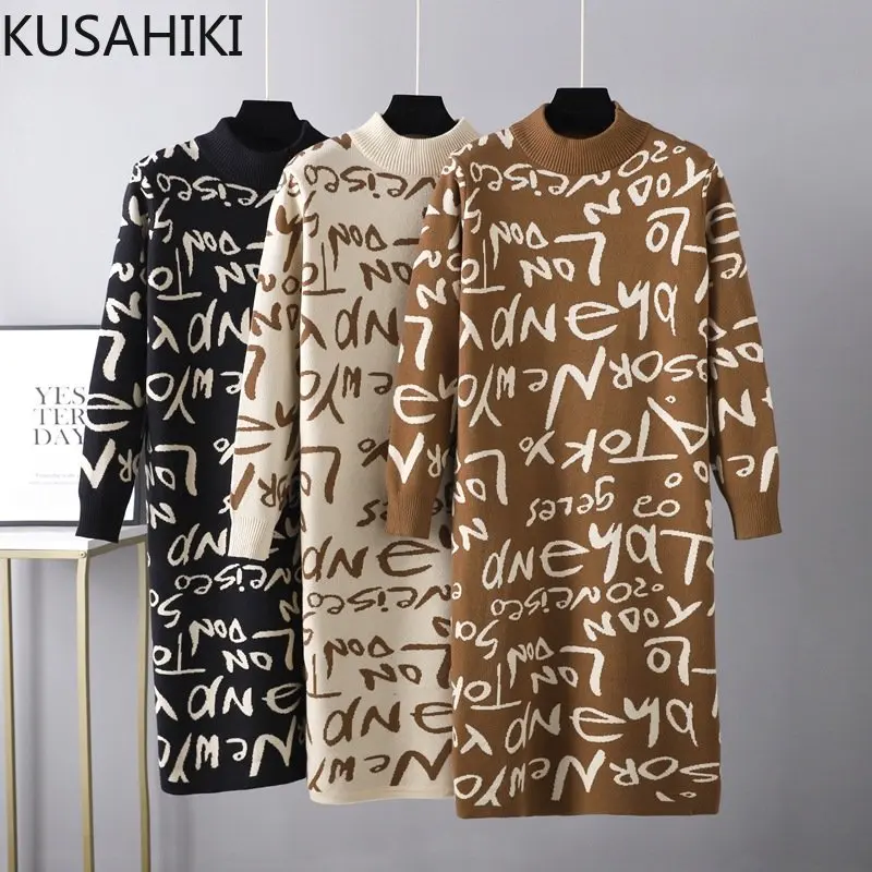 KUSAHIKI Vintage Knitted Pullover Long Sleeve Letters Graffiti Sweater Dress Women 2023 Autumn Winter Fashion Straight Dresses