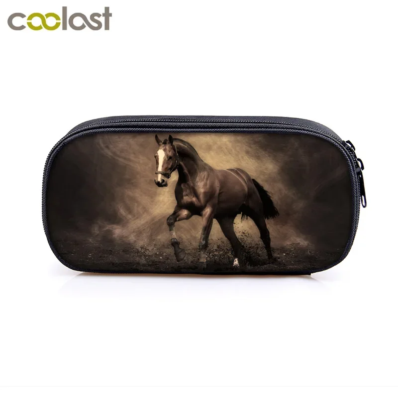 Elegant Animal Horse Print Cosmetic Cases Pencil Bag Boys Pony Pencil Box Children Stationary Bags Kids School Supplies