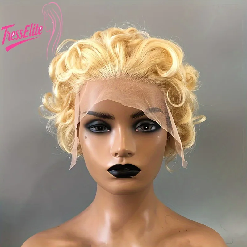 

613# Pixie Curly 13x1 Lace Front 6 Inch Human Hair Wig Brazilian Virgin Remy 180% Density for Women Stylable Comfortable Fit